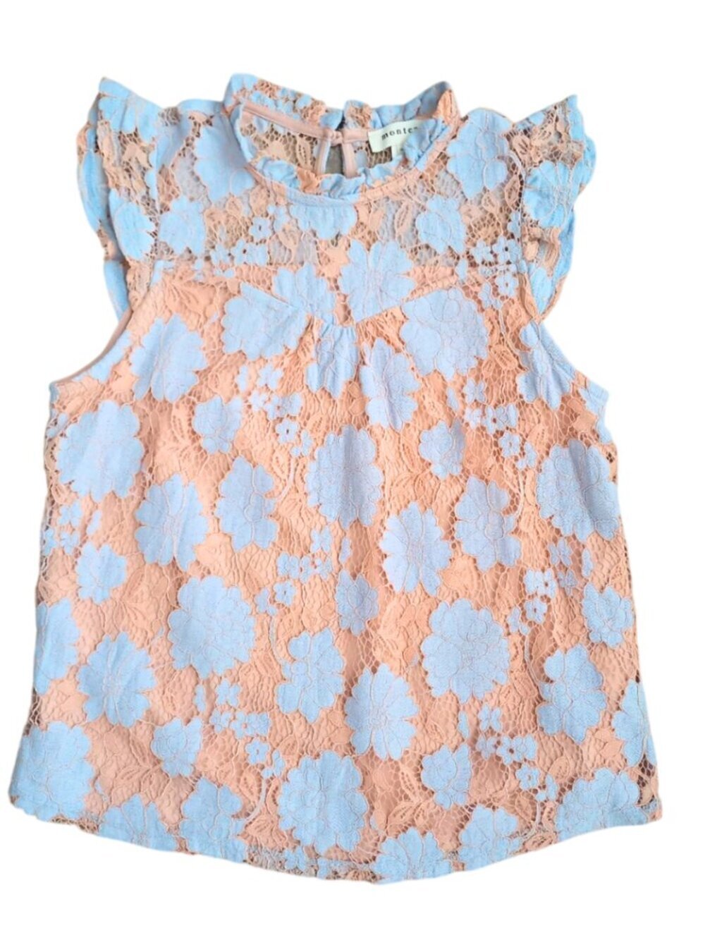Monteau Floral Lace Sleeveless Top Blue Beige Women's Size S Sheer Blouse